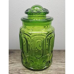 L.E. Smith Moon & Stars Green Glass Apothecary Canister 9.5 Large Jar Lidded EUC